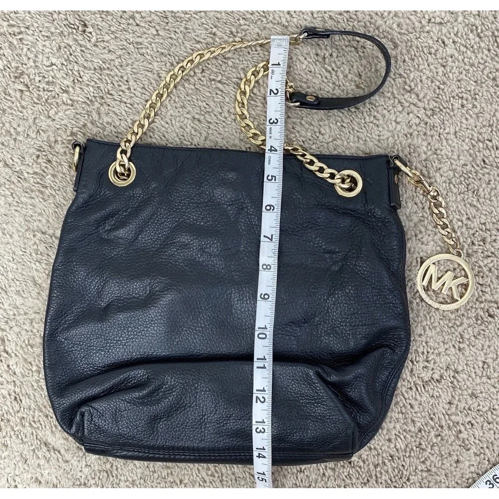 Michael Kors‎ Shoulder Bag Black Leather Slouchy Chain MK Charm Gold Tone Purse